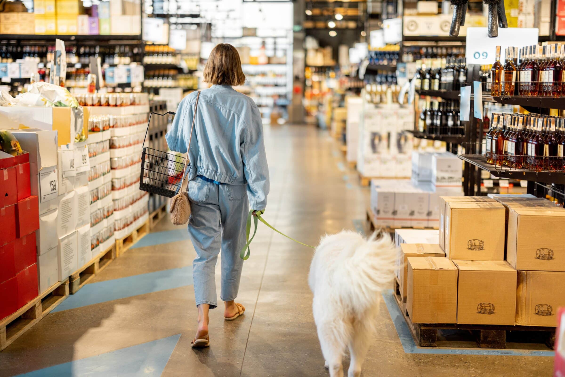 woman walks fluffy dog in a dog-friendly store as a form of socialization 