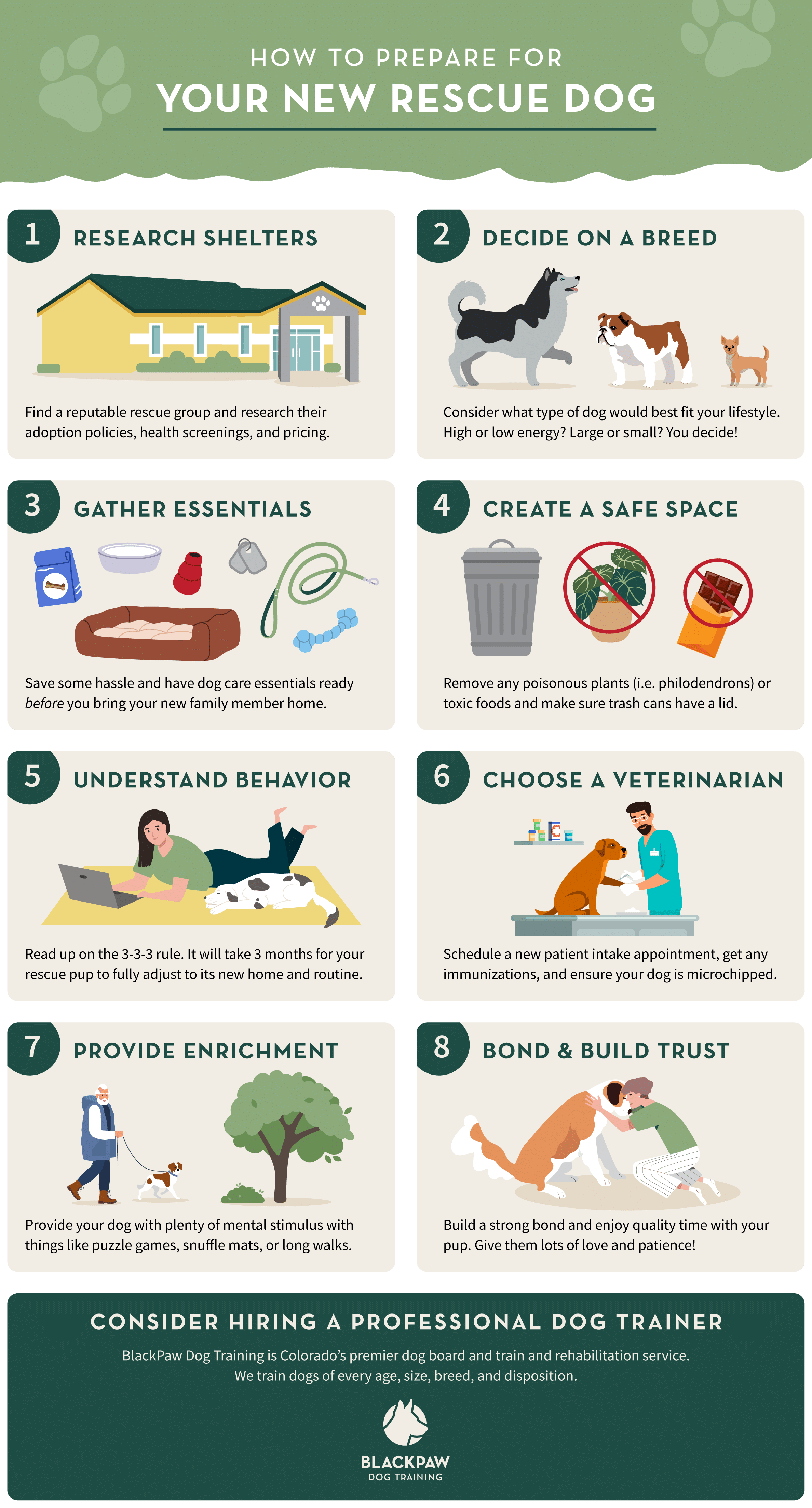 how to prepare for bringing home a rescue dog graphic with steps 1-8 on how to prepare