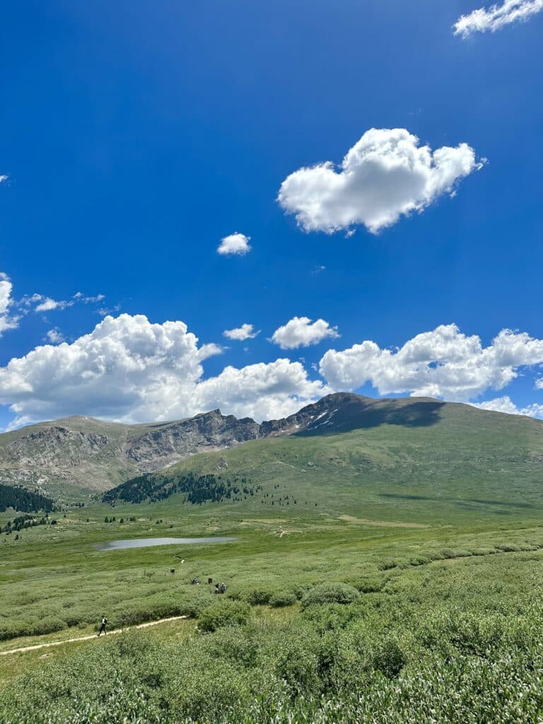 green view of mount bierstadt with a lake in front