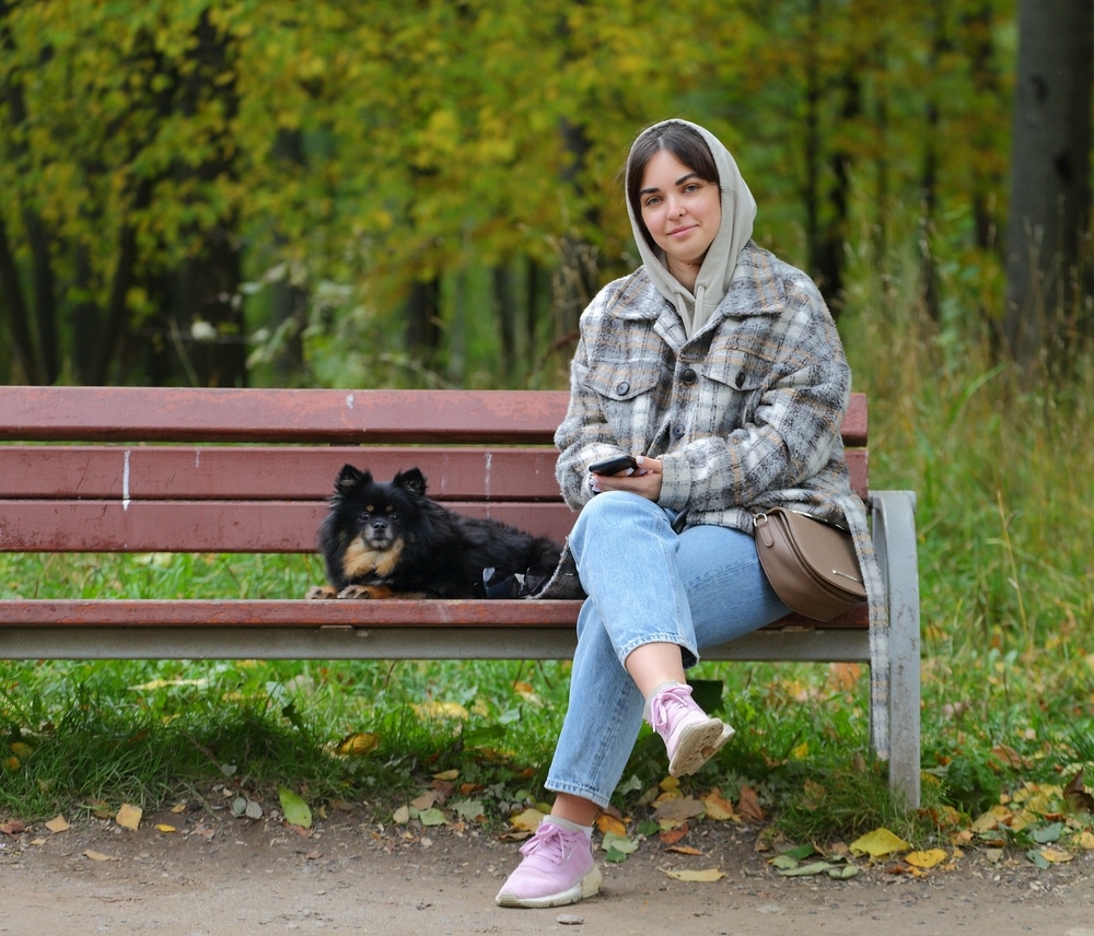 lady who knows how to socialize her dog by sitting on a park bench and listening and observing